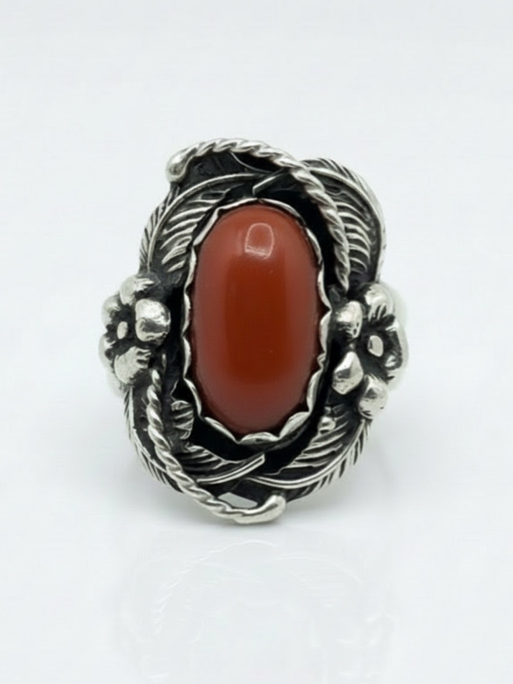 VTG 1950s Maisel's Navajo Sterling Silver Red Coral Thunderbird Ring Size 4.5